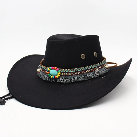 Western Cowboy Hat Wide Brim Felt Ethnic Beaded Band Turquoise Tassel Bohemian Adjustable Strap Outdoor Sun Hat