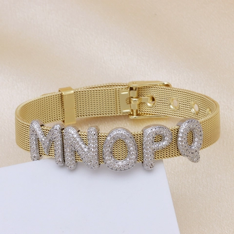 DIY Personalized Bubble Alphabet Letter Charm Bracelet For Women Gold Silver Zirconia Pave Inlaid Adjustable Mesh Band Jewelry