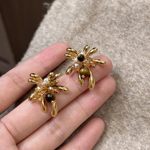 Pendientes De Botón Florales Chapados En Oro Ojo De Tigre Strass Perla Artificial Con Poste De Plata 925