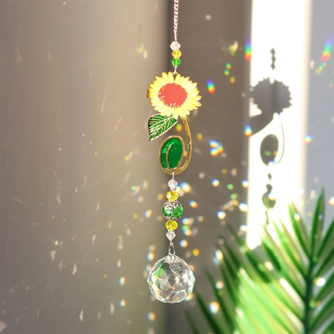 Crystal Suncatcher Hanging Ornament Sunflower Ginkgo Leaf Clover Metal Prism Rainbow Maker Window Home Decor