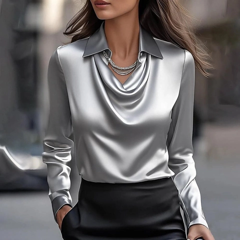 Γυναικεία Σατέν Μπλούζα Cowl Neck Κομψή Μακρυμάνικη Πολυεστερική Μονόχρωμη Πουκάμισο Γραφείου Μαλακό Μεταξένιο Ένδυμα