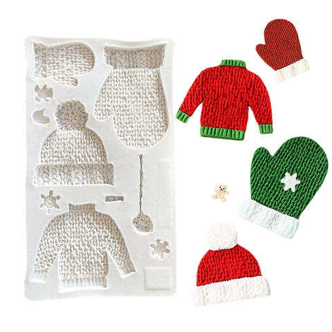 Stampo In Silicone Trama Maglia Natale Per Decorazione Torte Fondente Forma Maglione Cappello Guanti Tema Inverno DIY