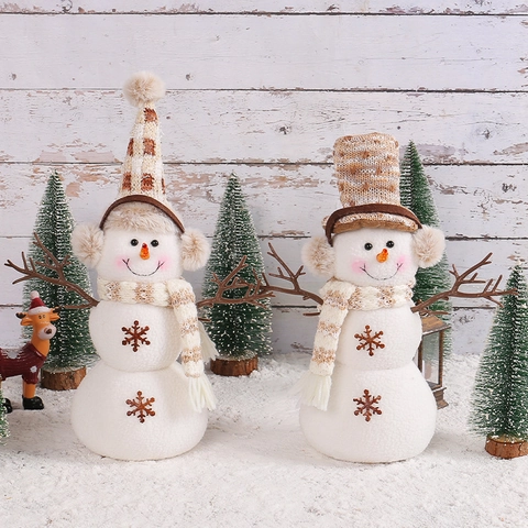 Christmas Snowman Doll Figurine Plush Desktop Decoration With Plaid Hat Scarf Earmuffs And Snowflake Embroidery For Home