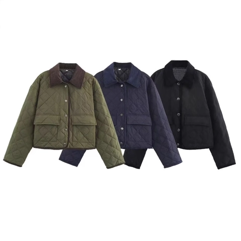 Damen Steppjacke Mit Cordkragen Diamant Wattierter Leichter Mantel Karo Innenfutter Tasche Knopf Oberbekleidung Mode Lässig