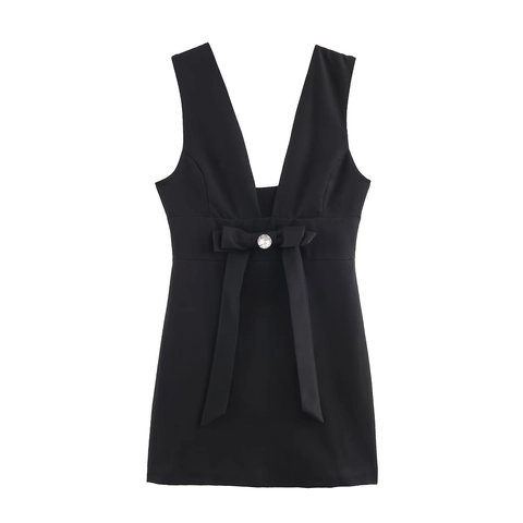 Women Sleeveless Deep V-Neck Acetate Satin Polyester Mini Dress With Rhinestone Bow Detail Elegant Socialite Style