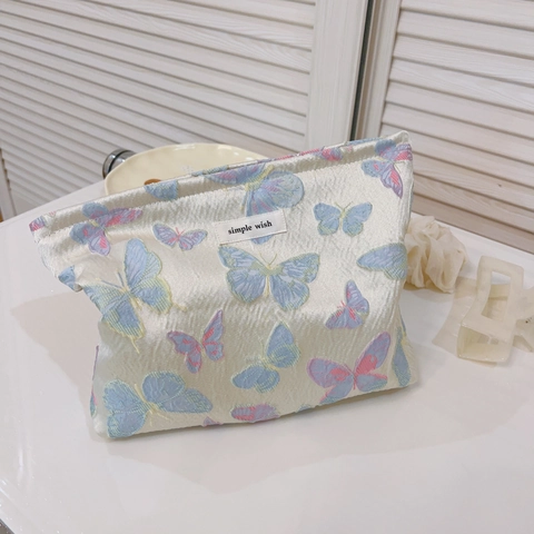 Vlinder Bloem Jacquard Canvas Make-up Tas Cosmetische Etui Hand Clutch Organizer Rits Frisse Stijl Voor Dames