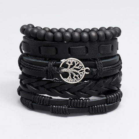 Handmade Retro Punk Multi-Layer PU Leather Bracelets With Tree Of Life Alloy Pendant Wood Beads Wax Cord For Men Women