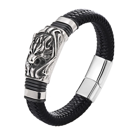 Men Woven Leather Bracelet With Stainless Steel Animal Charm Scorpion Skull Punk Vintage Biker Jewelry