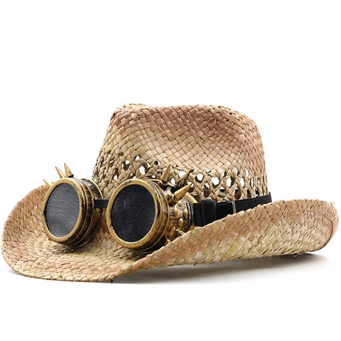 Steampunk Cowboy Straw Hat With Spiked Goggles Retro Western Style Breathable Sun Protection For Outdoor Party Travel