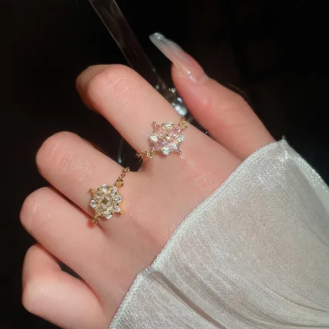 Bague Chaîne Réglable Fleur Élégante Cuivre Plaqué Or Rose Blanc Zircone Bijoux De Luxe Pour Femmes