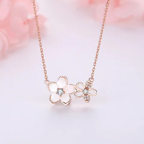 Rose Gold Copper Cherry Blossom Pendant Necklace For Women With Artificial Pearl Rhinestone Romantic Floral Fashion Jewelry