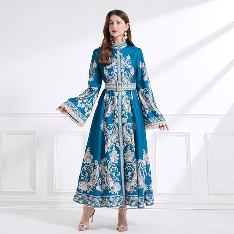 Abito Maxi Donna Elegante Blu Pavone Stampa Paisley Retro Colletto Alla Coreana Cintura Maniche Lunghe A Campana Pizzo