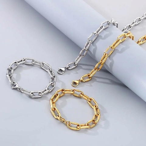 Joyas De Acero Inoxidable Collar Y Pulsera De Cadena Cubana Gruesa Con Textura De Tornillo Estilo Industrial Unisex
