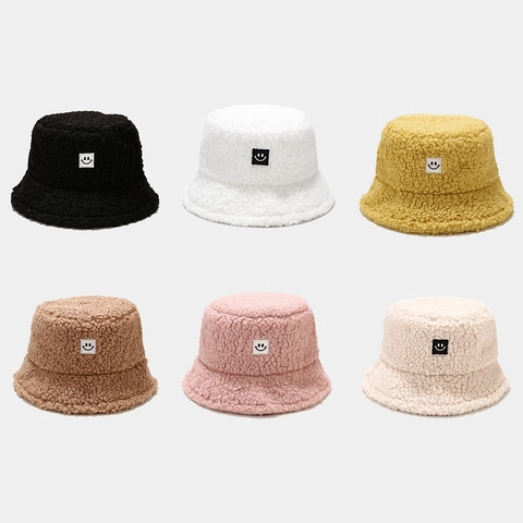 Smile Face Teddy Fleece Bucket Hat For Women Men Winter Warm Thickened Polyester Sherpa Fisherman Hat Casual Outdoor Pot Hat