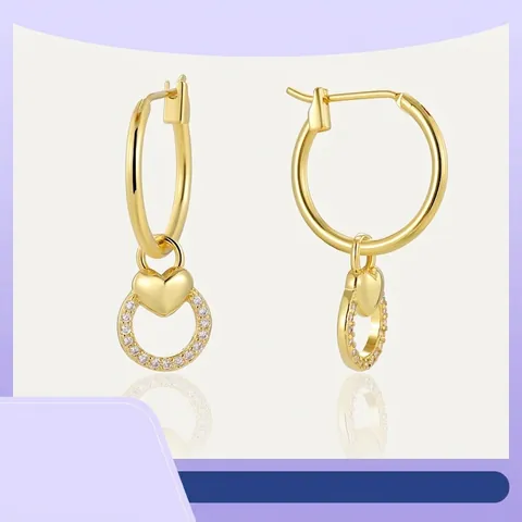 Westerse Stijl Verguld Koperen Hart Ring Oorbellen Voor Vrouwen Licht Luxe Zirconia Ingelegde Geometrische Hangende Oorbellen