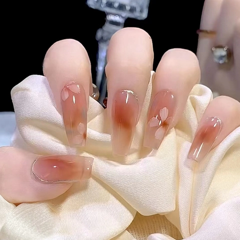 Press On Nägel Bernstein Farbverlauf Kamelienblüte Goldfolie Dekor Elegant Süß Ins Stil Ballerina Falsche Nägel