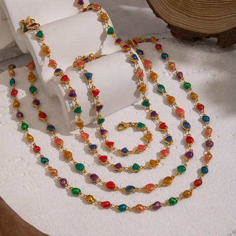 Colorful Heart Drip Enamel Jewelry Set Stainless Steel Gold Plated Necklace And Bracelet Romantic Vacation Style For Women