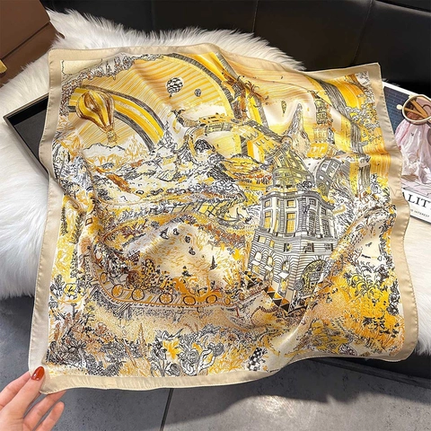 Carré De Satin Imprimé Pour Femme Foulard En Polyester Satiné Motif Géométrique Mythique Vintage Léger Élégant