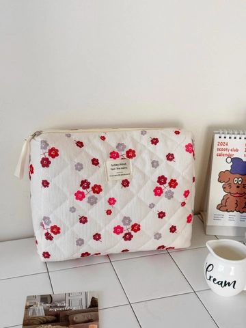 Corduroy Gesteppte Florale Kosmetiktasche Tragbare Reise Make-up Beutel Große Kapazität Reißverschluss Organizer