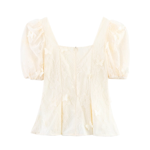 Blusa In Pizzo Da Donna Con Applique A Farfalla 3D Scollo Quadrato Maniche A Sbuffo Stile Francese Elegante E Dolce