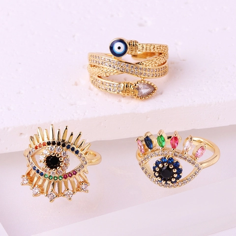 Evil Eye Ring Gold Plated Brass Colorful Cubic Zirconia Open Adjustable Fashion Jewelry For Women Ins Style