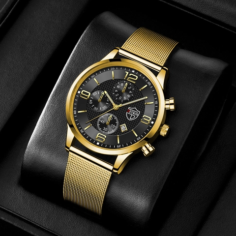 DEYROS Men Fashion Business Quartz Watch Stainless Steel Mesh Strap Calendar Luminous Dial Casual Male Wristwatch Professional Gift
