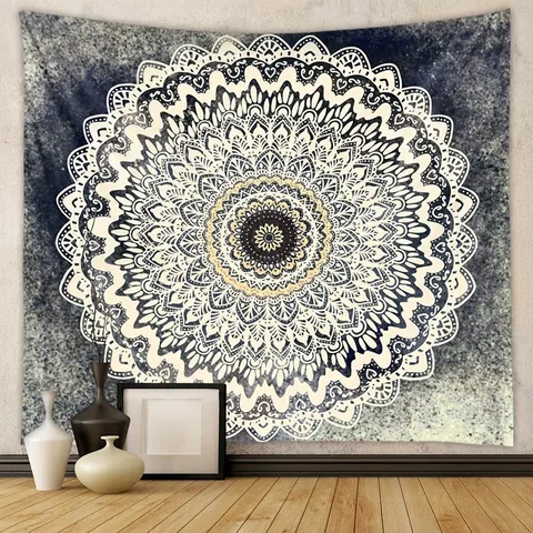 Bohemian Mandala Wall Tapestry Polyester Navy Blue Geometric Pattern Wall Hanging Home Decor For Bedroom Living Room
