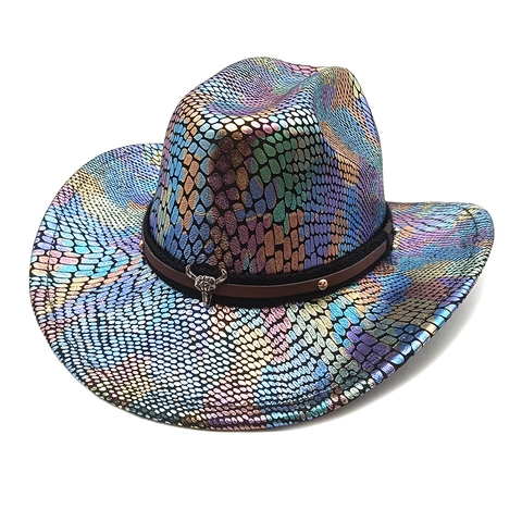 Cappello Da Cowboy Con Motivo In Pelle Di Serpente Iridescente Con Fascia In Ecopelle E Teschio Di Toro Fedora