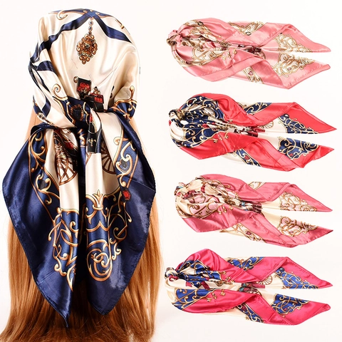 Vintage Carriage Print Satin Square Scarf Elegant European Baroque Pattern Hair Accessory Neck Wrap For Women