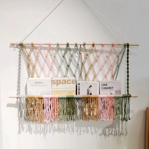 Macrame Wall Hanging Decor Bohemian Handmade Woven Cotton Rope Tassel Fringe Shelf Storage Organizer Home Living Room