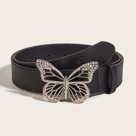 Women Faux Leather Belt With Butterfly Rhinestone Buckle Vintage Sweet Decorative Waistband For Jeans