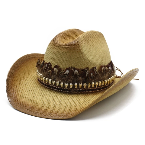 Cappello Di Paglia Cowboy Western Vintage Tesa Larga Protezione Solare Con Piuma E Borchie Teschio Per Spiaggia