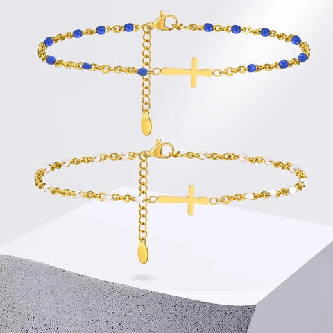 Mode Edelstahl Kreuz Anhänger Armband Mit Farbigen Emaille Perlen Verstellbarer Handschmuck Für Damen Religiöses Geschenk