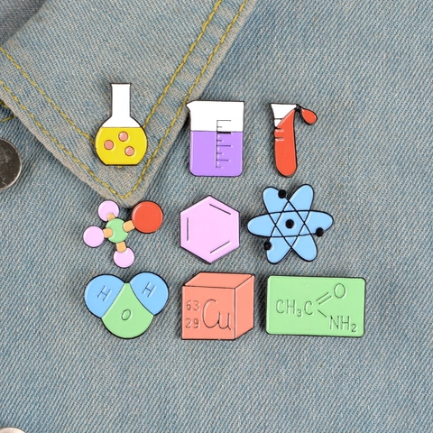 Creative Science Chemistry Theme Brooch Pin Alloy Enamel Flask Beaker Molecular Structure Atom Molecule Badge For Science Lovers Gift