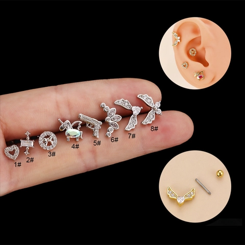 Kraakbeen Stud Oorbel Koper Zirkoon Roestvrij Staal Schroefsluiting Hart Kroon Vleugel Piercing Sieraden Voor Dames