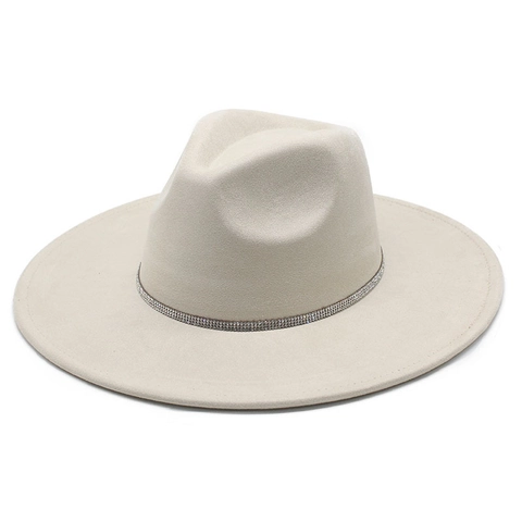 Wide Brim Fedora Hat Suede Rhinestone Band Jazz Western Vintage Elegant Style For Men Women