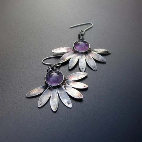 Vintage Bohemian Flower Drop Earrings Retro Alloy Resin Gemstone Floral Dangle Hook Earrings For Women Folk Style Jewelry
