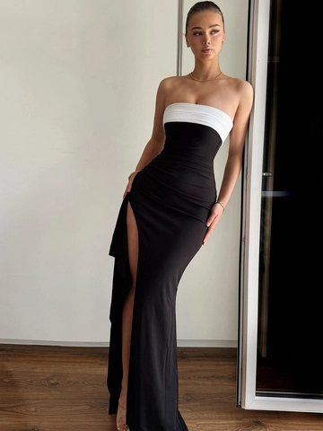 Schlauch-Top Maxikleid Gerafft Hoher Schlitz Kontrastfarbe Slim Fit Elegantes Abendbankett Kleid Damen Polyester Und Spandex