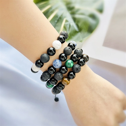 Natural Lava Stone Beaded Bracelet Handmade Adjustable Woven Rope Retro Ethnic Style Jewelry For Men And Women