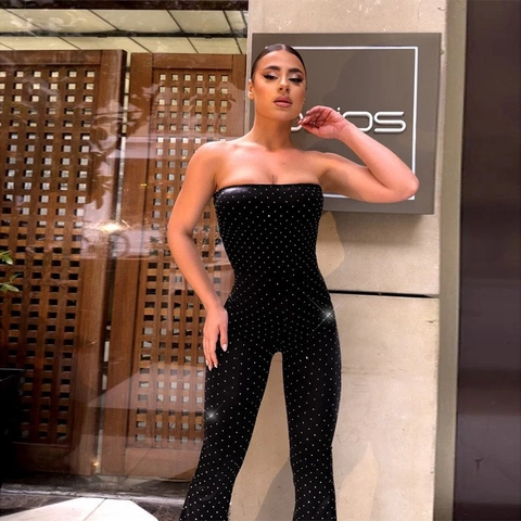 Damen Jumpsuit Trägerlos Tube Top Glitzer Strass Weites Bein Schlaghose Hohe Taille Sexy Party Abend Kleidung