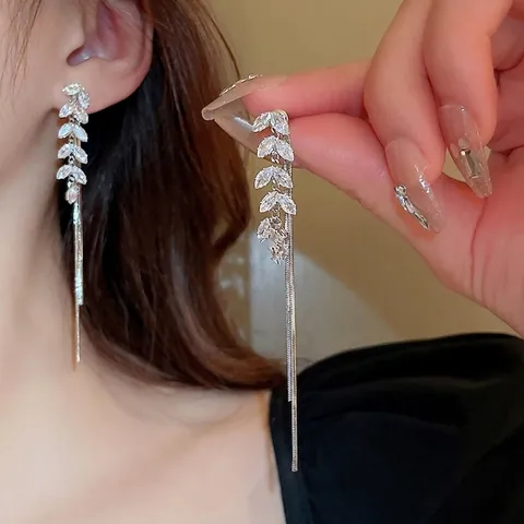 Pendientes Largos Con Borlas De Espiga De Trigo Con Circonita Y Poste De Plata De Ley 925 Joyería De Hoja Elegante Para Mujer