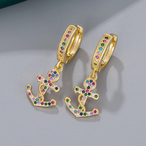 Orecchini A Cerchio Con Ancora Nautica E Zirconi Colorati Ottone Placcato Oro E Perno In Acciaio Inossidabile Per Donna