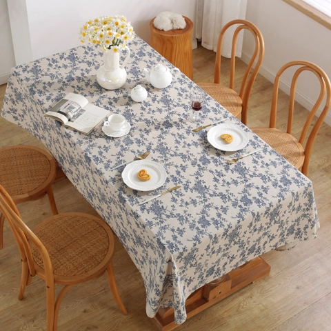 Nappe En Coton Et Lin À Motif Floral Bleu Vintage Housse De Table Rétro Avec Pompon Pour Cuisine Salle À Manger