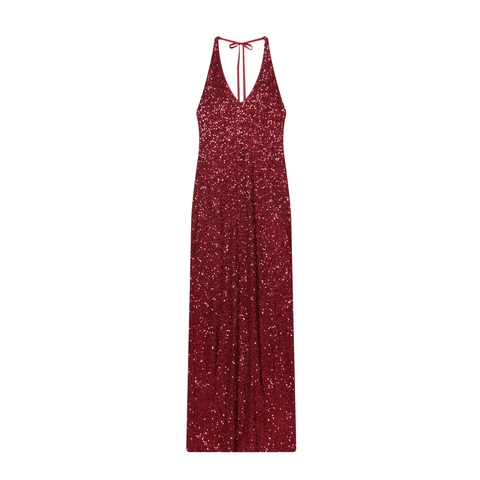 Vestito Da Sera Con Paillettes Halter Scollo A V Profondo Schiena Scoperta Spacco Alto Sexy Maxi Elegante Rosso