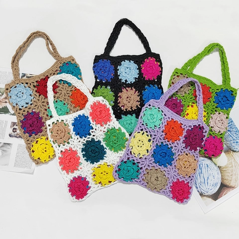 Borsa Tote Patchwork a Fiori Fatta a Mano all'Uncinetto Borsa a Mano in Maglia Traforata Boemia per Donna Borsa a Tracolla Floreale Vintage