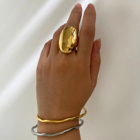 Bague Ovale Moderne en Acier Inoxydable pour Femmes Hommes Plaqué Or Poli Lisse Chunky Statement Ring Bijoux de Mode
