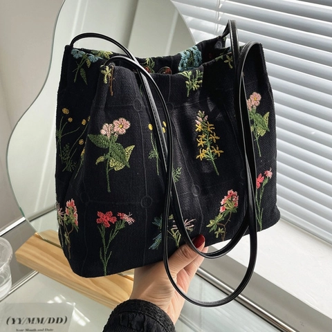 Vintage Blumenstickerei Canvas Umhängetasche Große Kapazität Damen Lässige Eimer Tote Handtasche