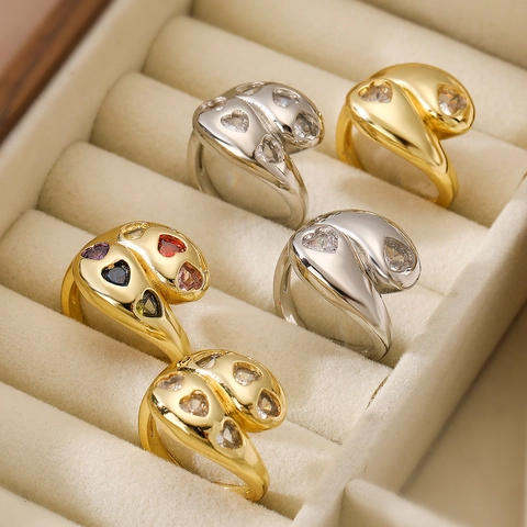 Anillo Ajustable Abierto De Corazón Con Circonita Cobre Chapado En Oro Minimalista Geométrico Joyería Moda Mujer