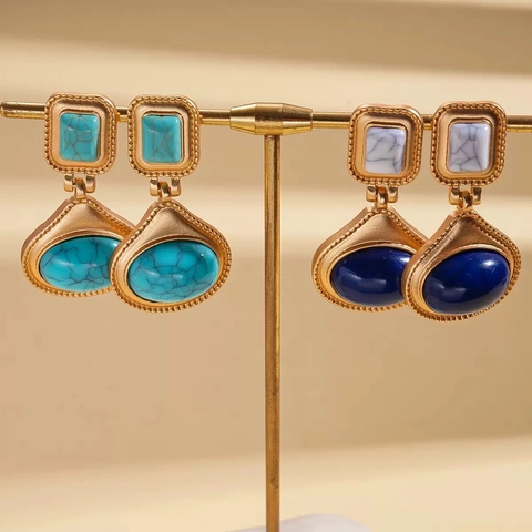 Boucles D'oreilles Pendantes Géométriques Vintage Alliage Résine Pierre Style Ethnique Pour Femmes Avec Tige En Argent