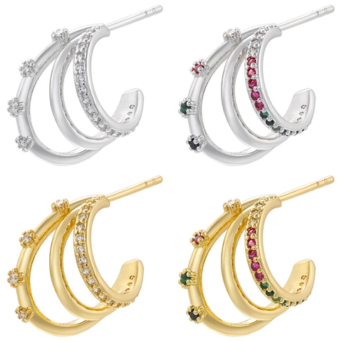 Triple Layer C-Shape Stud Earrings Gold Plated Brass With Colorful Cubic Zirconia Niche Design Minimalist Jewelry Women